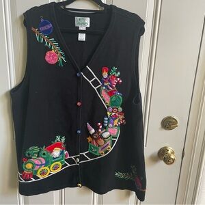 The Quaker Factory Christmas 3D embroidered black sweater vest 2X